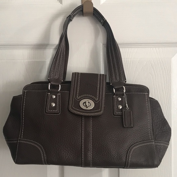 Coach brown with white stitching pebble leather turnlock/zip closure satchel - Picture 3 of 17
